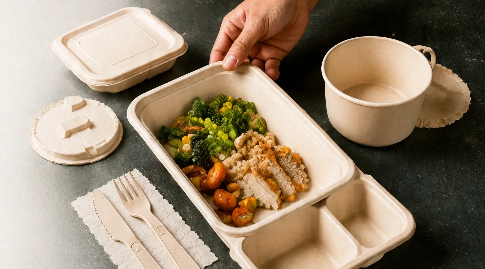 Plant fibre meal tray with cutlery, cup and food