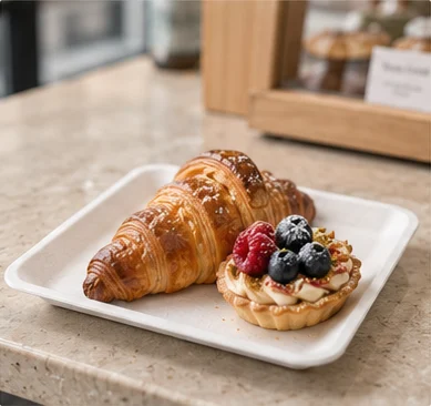 Square white fibre plate with croissant and berry tart in a café