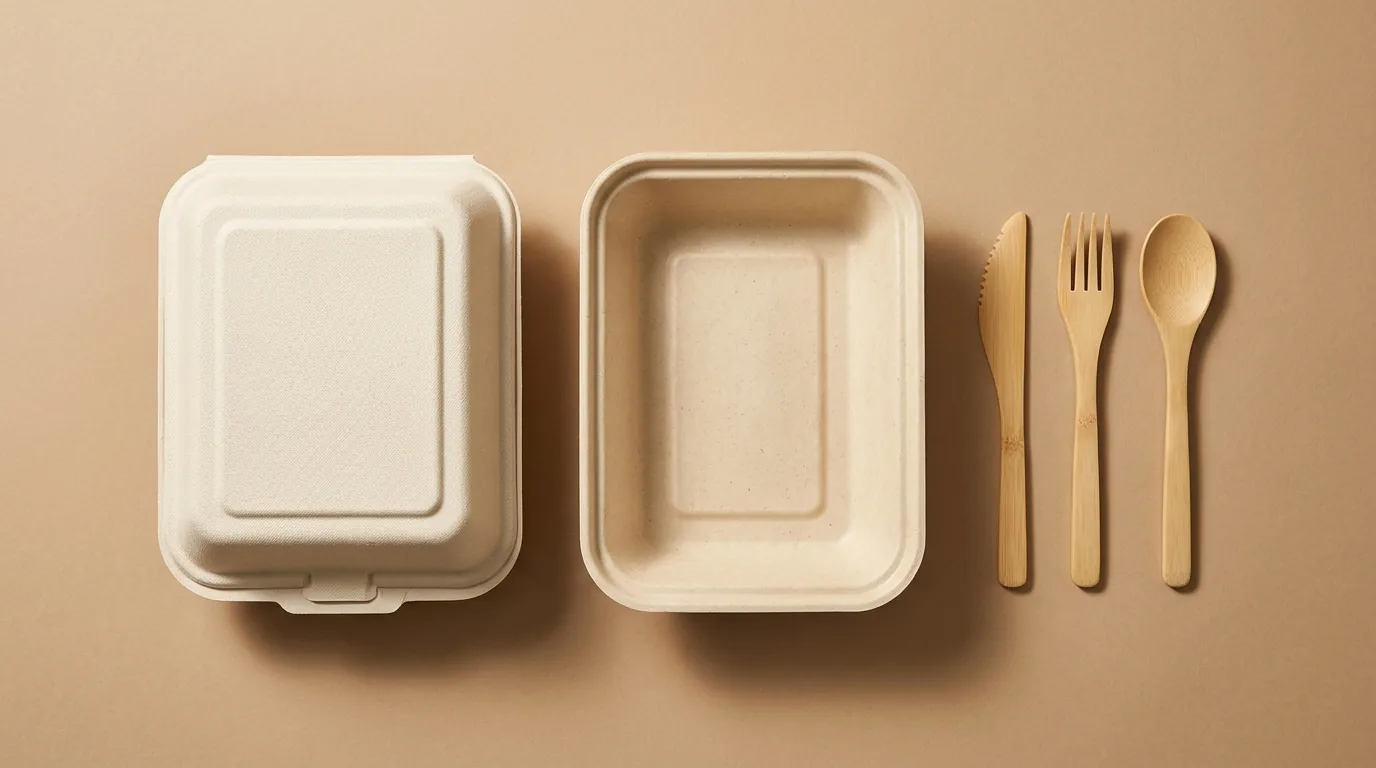 Sugarcane Bagasse Containers Paired with Dry-Pressed Bamboo Cutlery