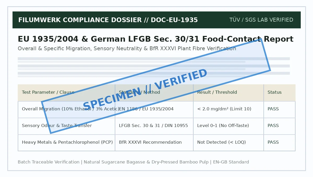 EU 1935/2004 and German LFGB Test Report Specimen