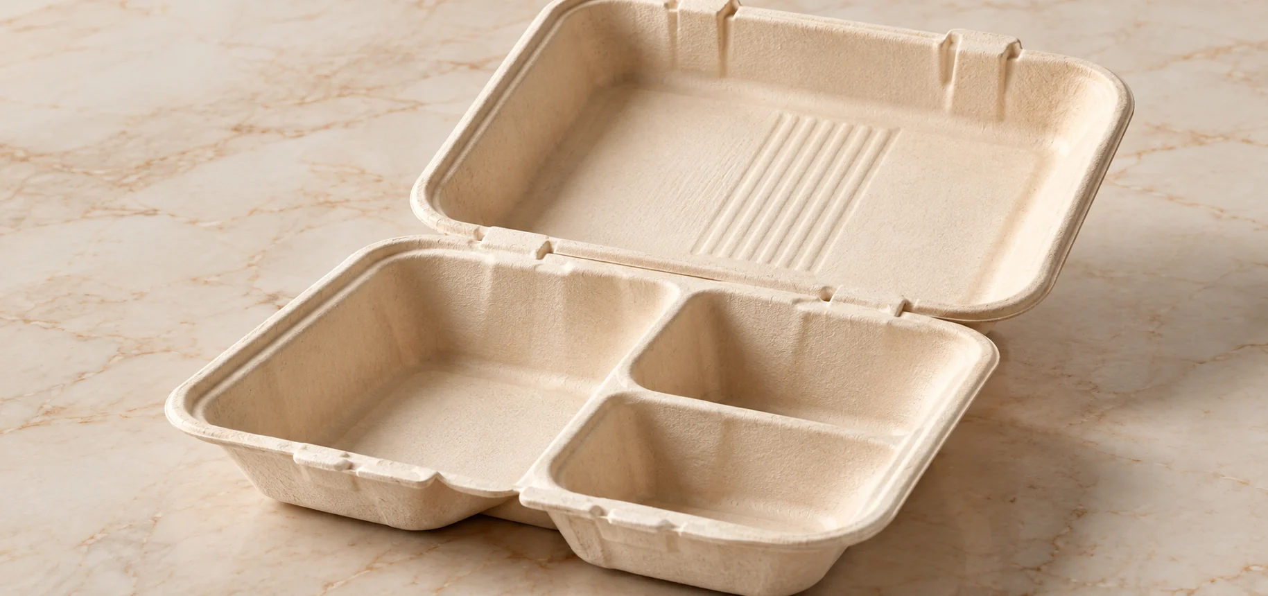 8-inch three-compartment bagasse clamshell with one large left well and two smaller right wells