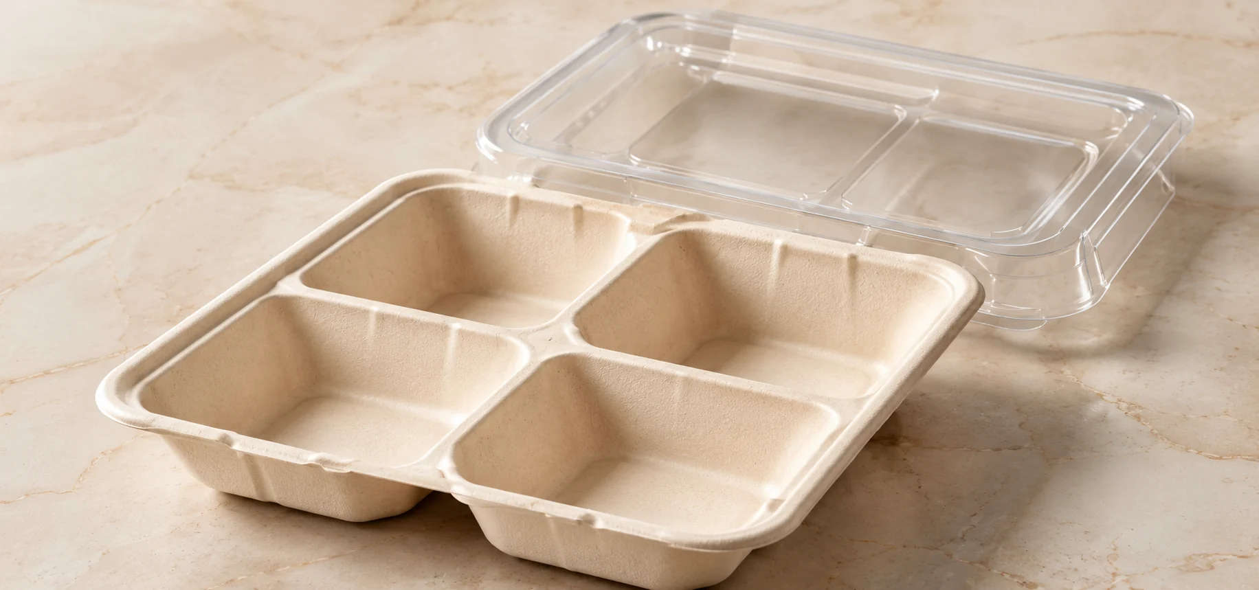 Four-compartment plant-fibre bento box with four wells in a 2 by 2 arrangement and an independent lid