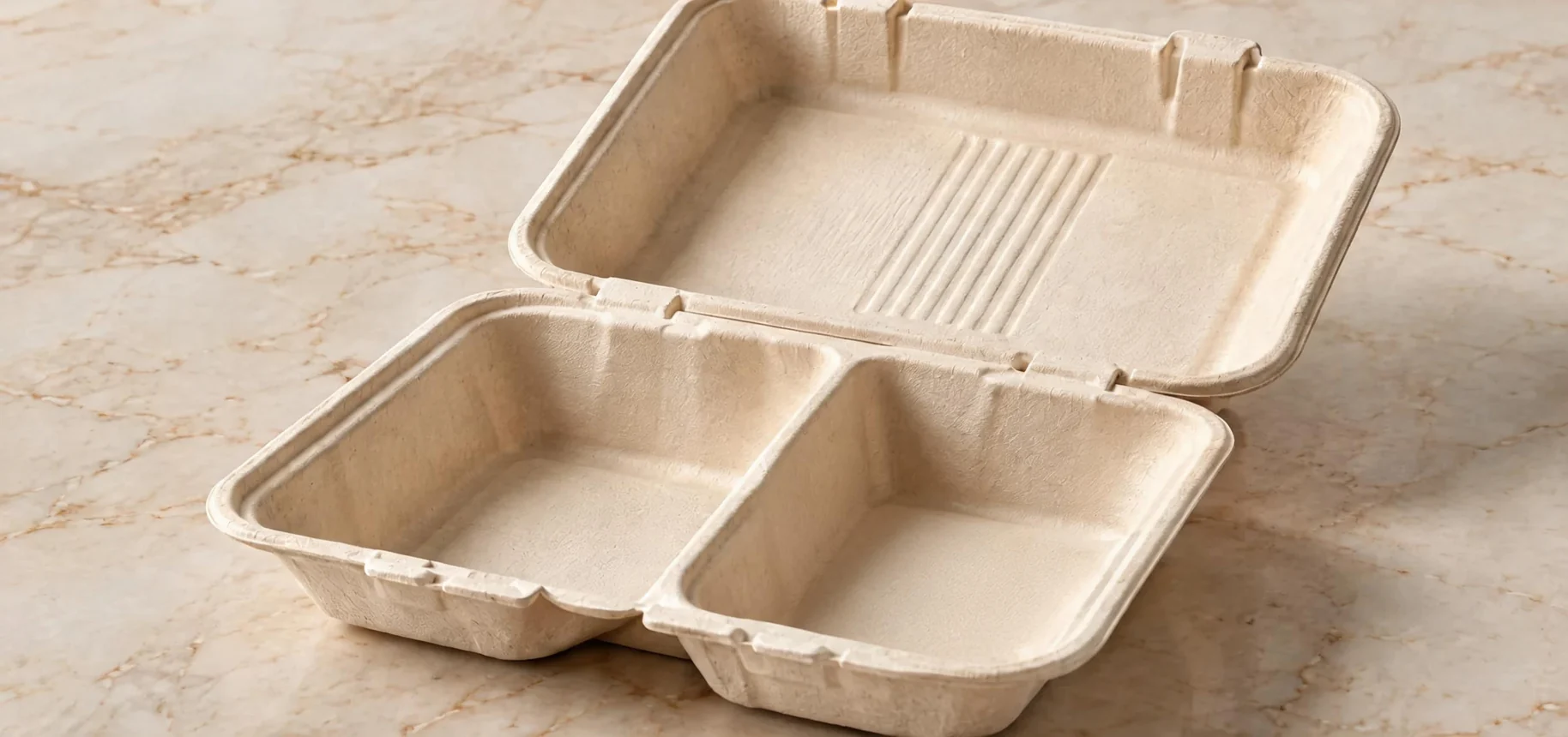 Two-compartment bagasse clamshell with one divider forming exactly two wells