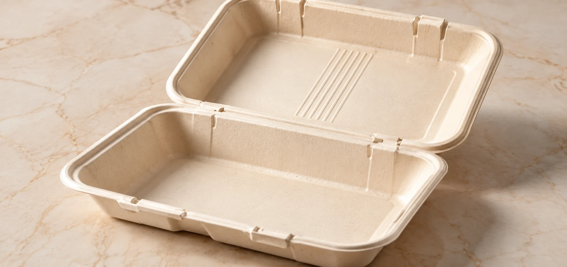 9-inch large single-compartment bagasse clamshell with hinged lid and no internal dividers
