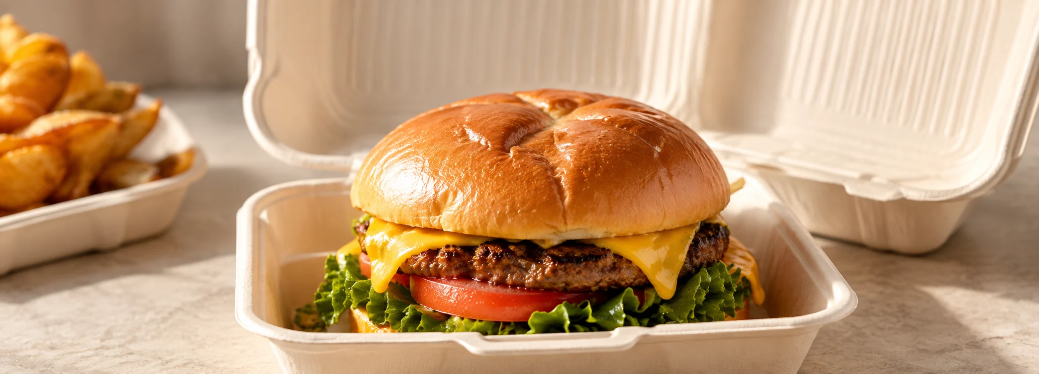 Burger and sandwich served in an open 8 inch single-compartment plant-fibre clamshell