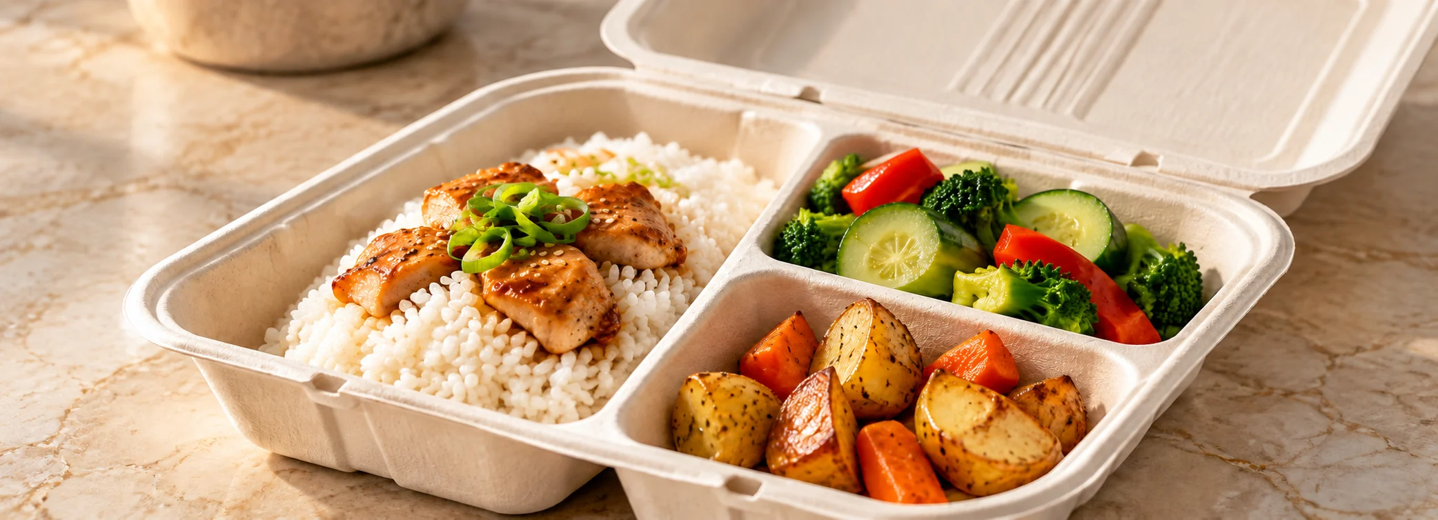 Portioned lunch with a main and sides in an 8 inch three-compartment clamshell