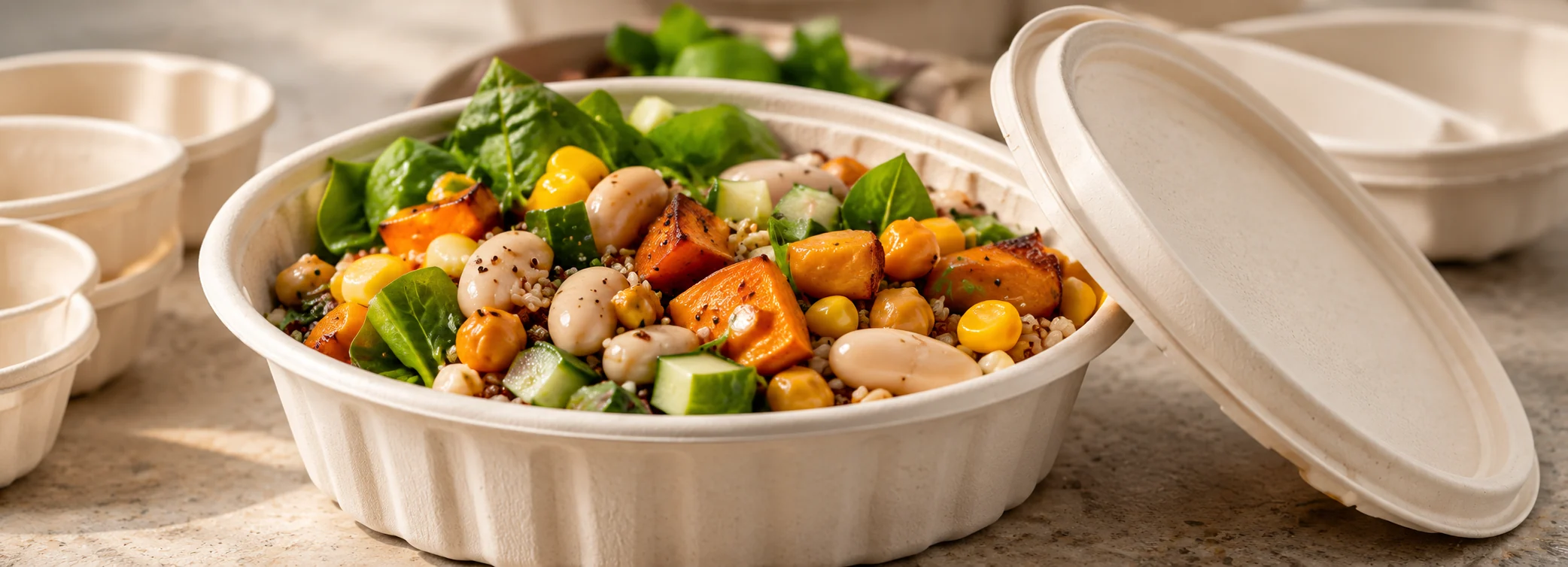 Layered rice and grain bowl with toppings in a 750 ml round plant-fibre bowl beside its lid