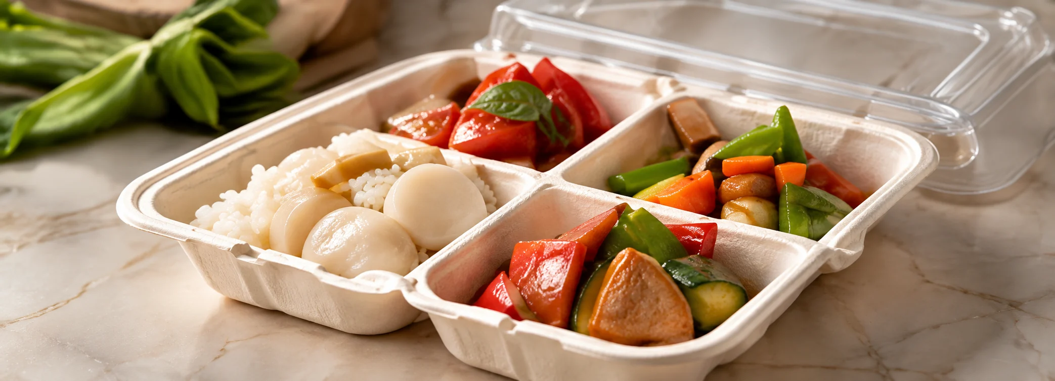 Four portions of bento side dishes arranged in a four-compartment plant-fibre bento box