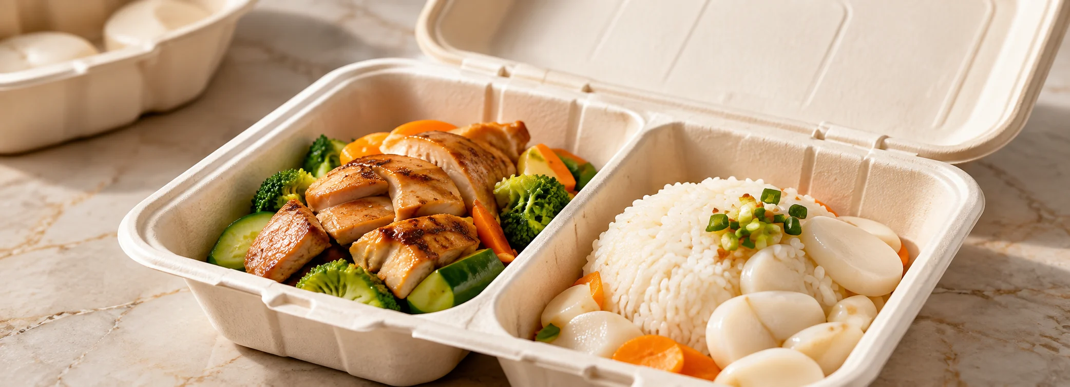 Balanced meal with a main and side in a two-compartment plant-fibre clamshell