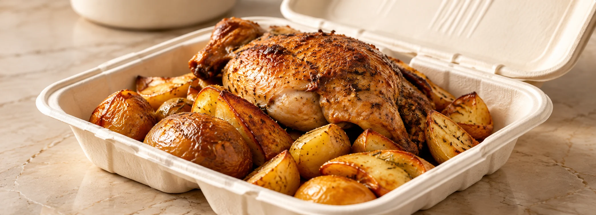 Generous barbecue portions in a 9 inch large single-compartment plant-fibre clamshell