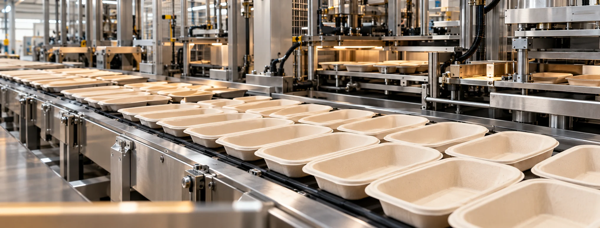 Moulded-fibre food containers moving along a production line