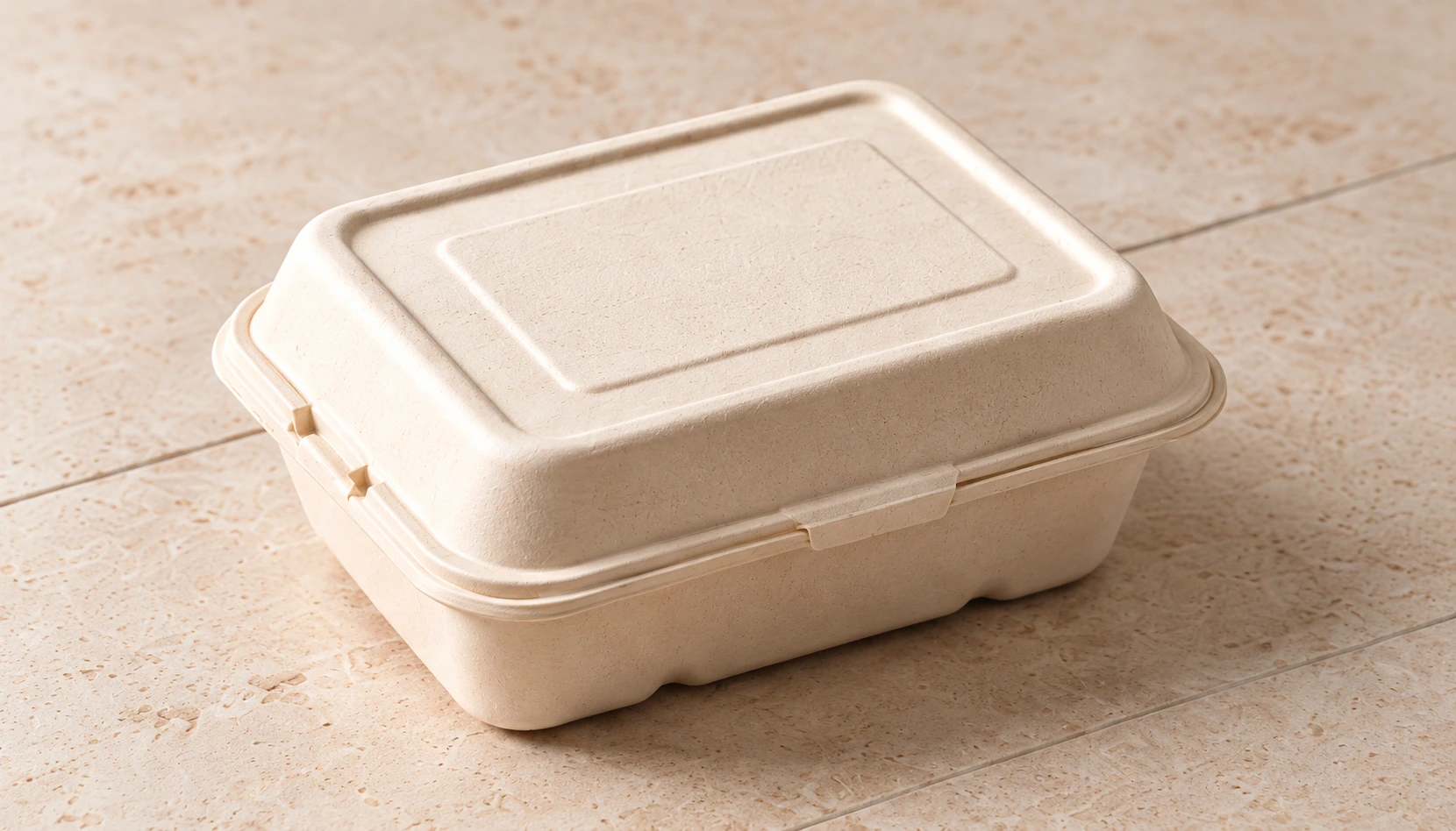 Plain closed bagasse fibre clamshell container on a warm stone surface