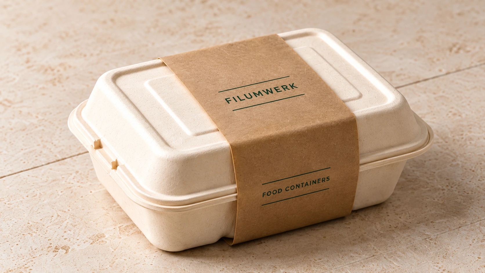 Bagasse clamshell dressed with a FILUMWERK kraft paper sleeve