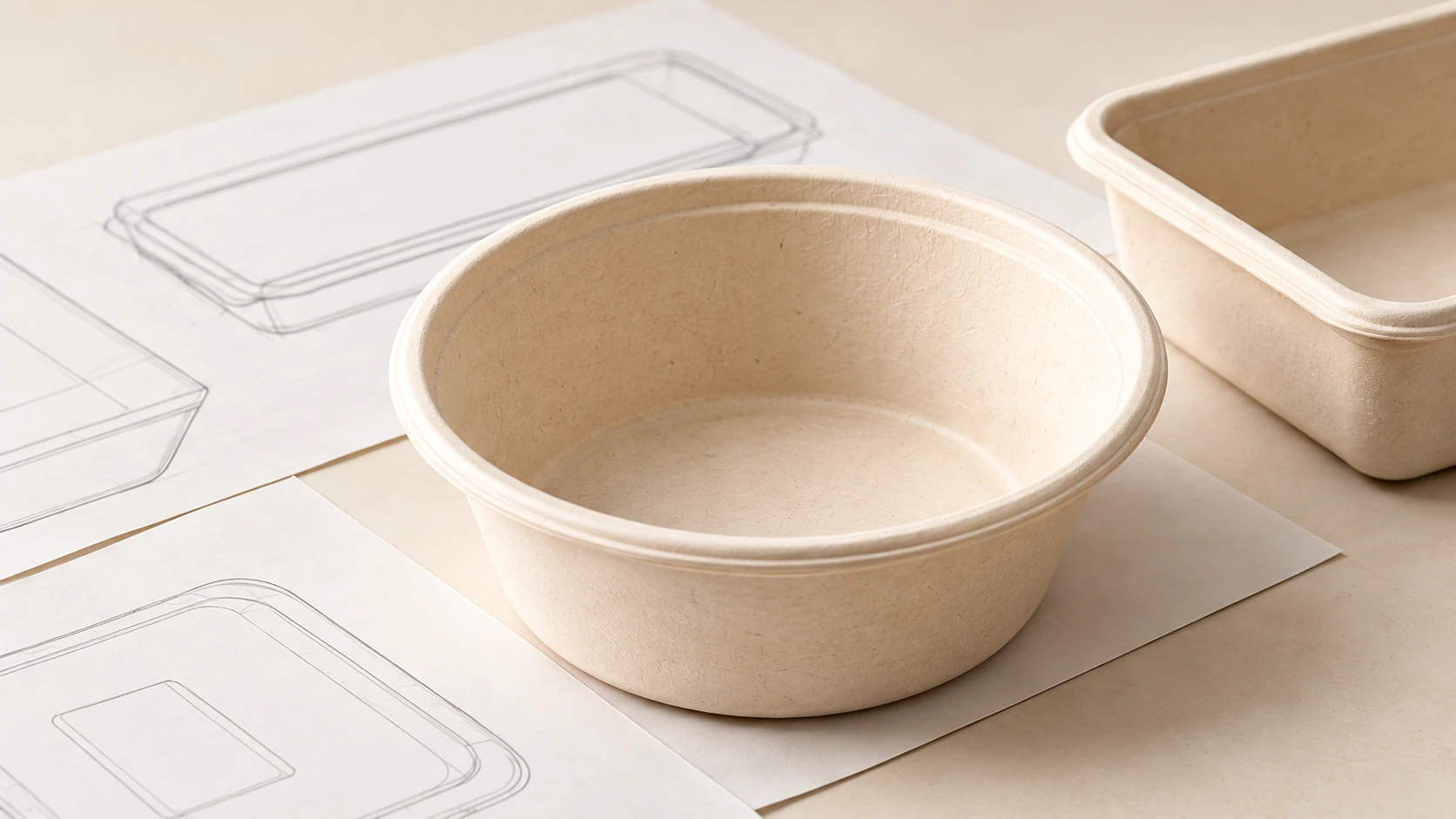 Bagasse bowl and tray samples arranged over technical shape-development sketches