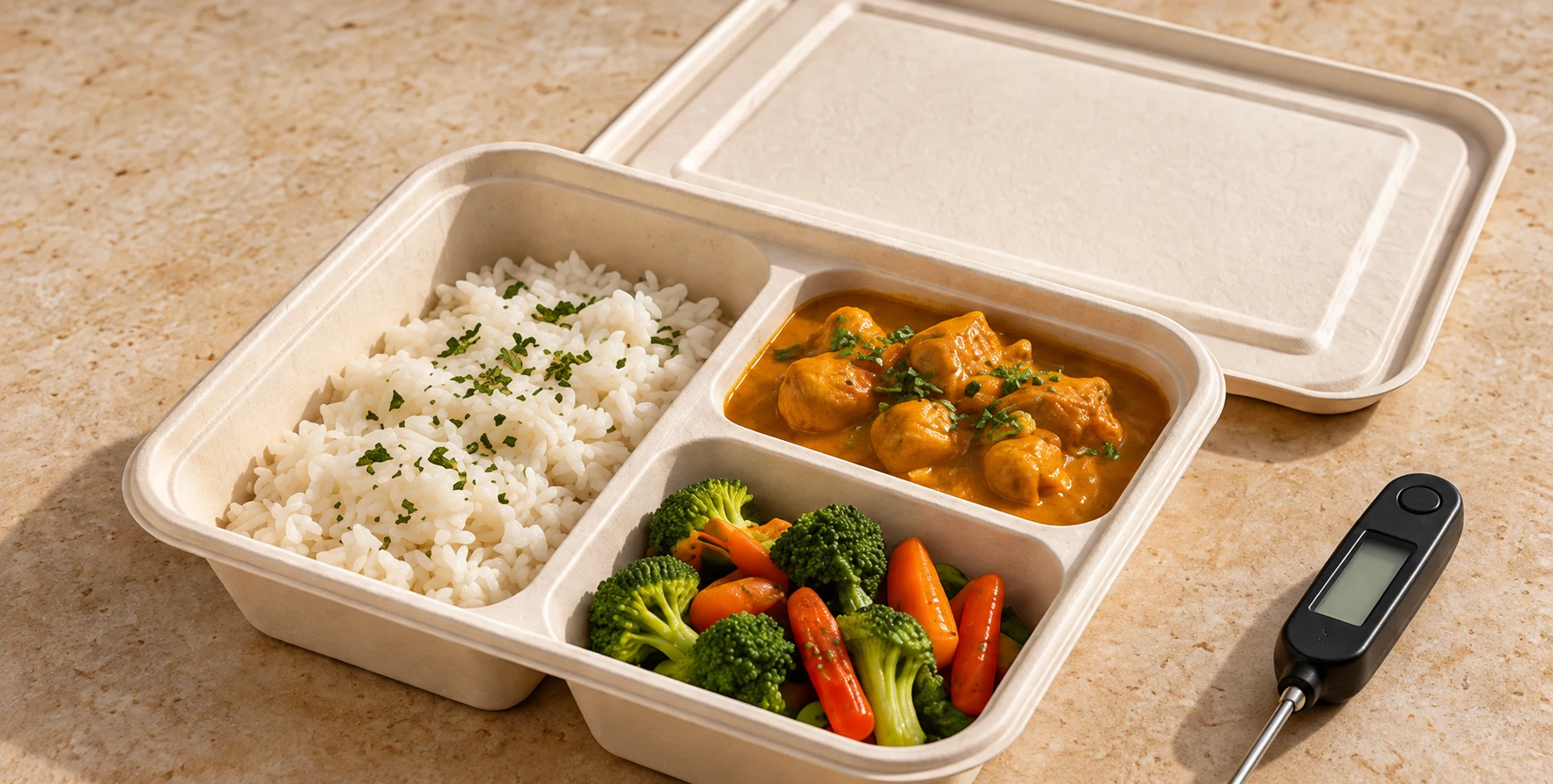 Illustrative sample trial with rice, curry and vegetables in a divided clamshell beside a probe thermometer.